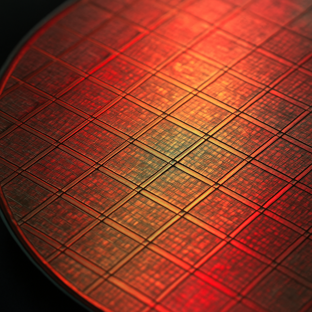 Macro detail of a 300mm Wafercore quantum wafer surface showing dense circuitry